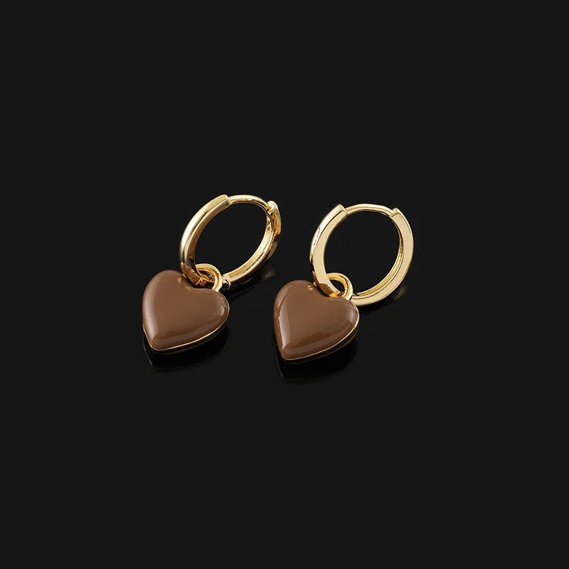 Elegant Coffee Brown Enamel Heart Charm Gold Alloy Stud & Clip On No Piercing Hoop Drop Earrings