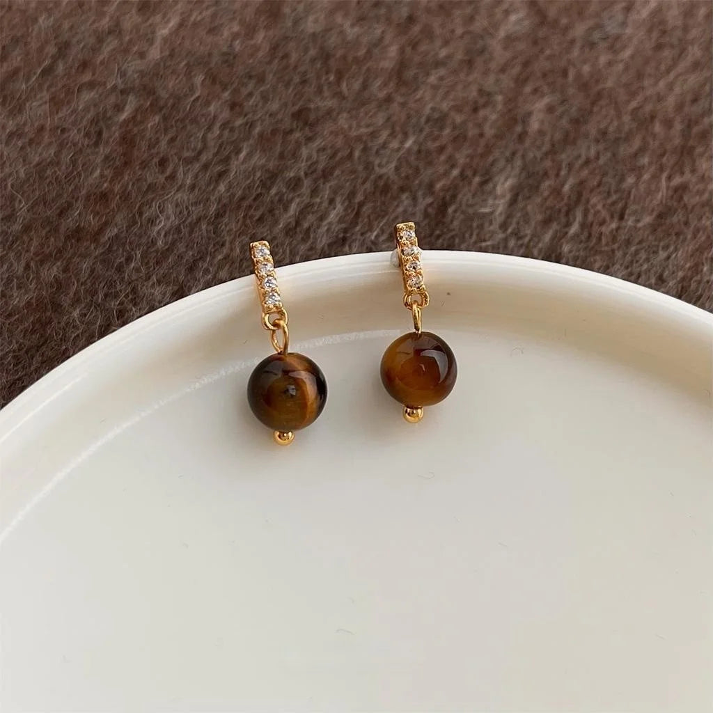 Maillard Style Tiger Eye Zircon Micro Pave Round Geometric Copper Drop Earrings