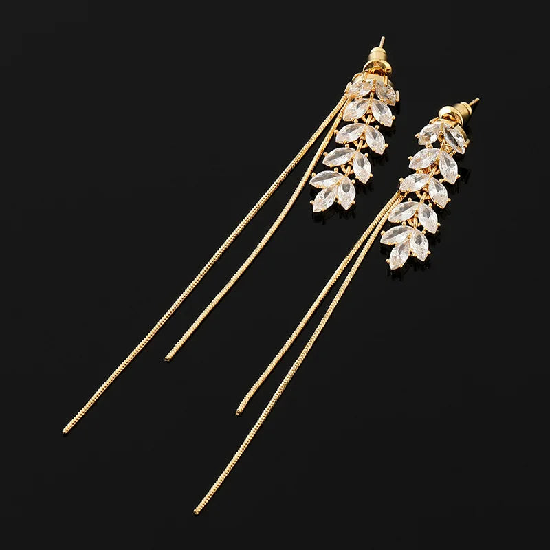 Elegant Gold Alloy Wheat Ear Marquise Zircon Tassel Stud & Clip On No Piercing Long Chain Dangle Earrings