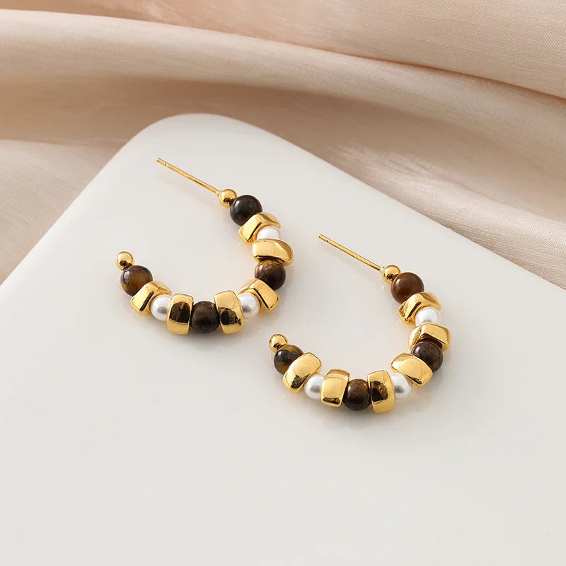 Vintage Tiger Eye Stone Pearl Spiral Hoop Stud & Clip On No Piercing Luxury Alloy Fashion Earrings
