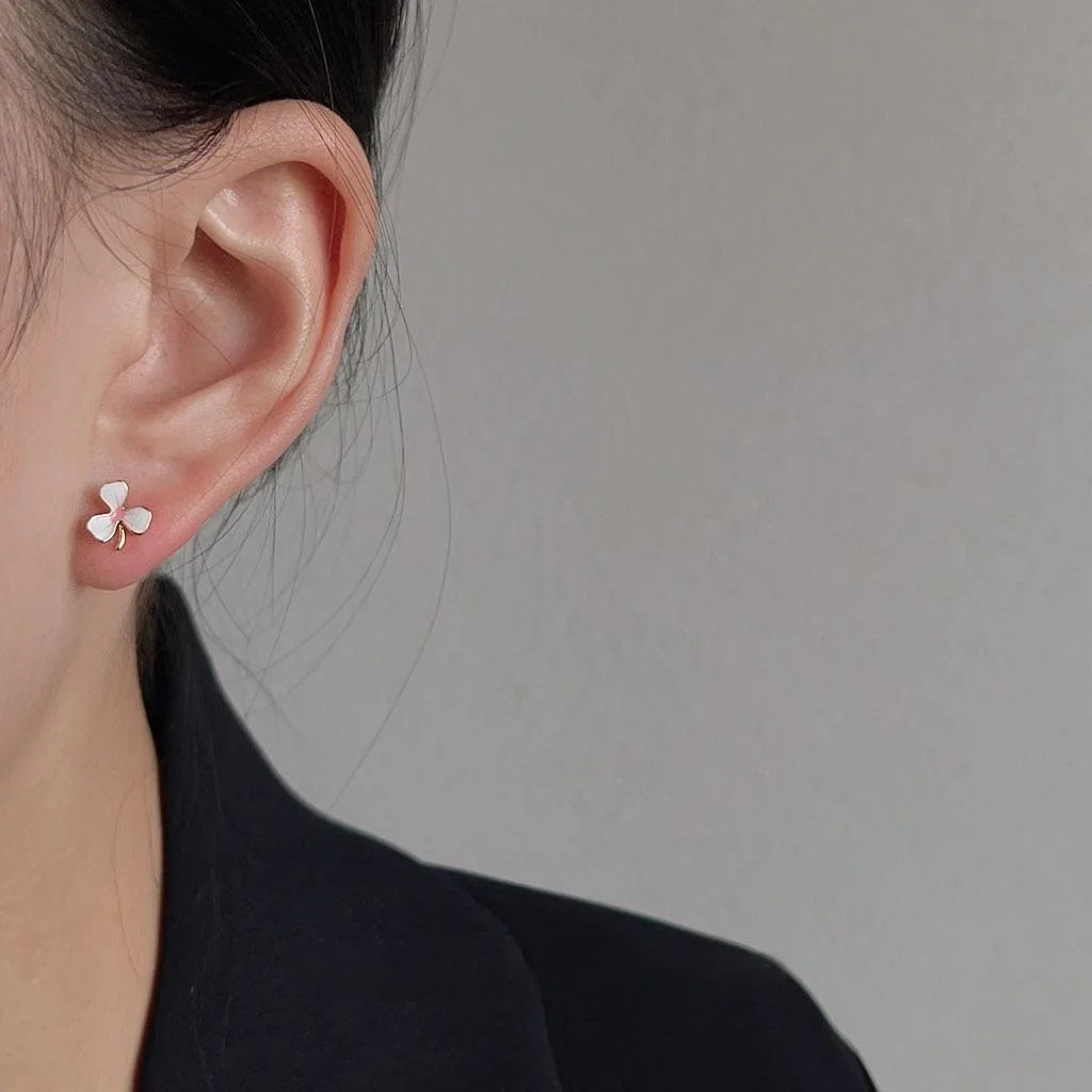 Sweet Enamel Flower Stud Earrings, Mini Copper Pink White Floral Earrings