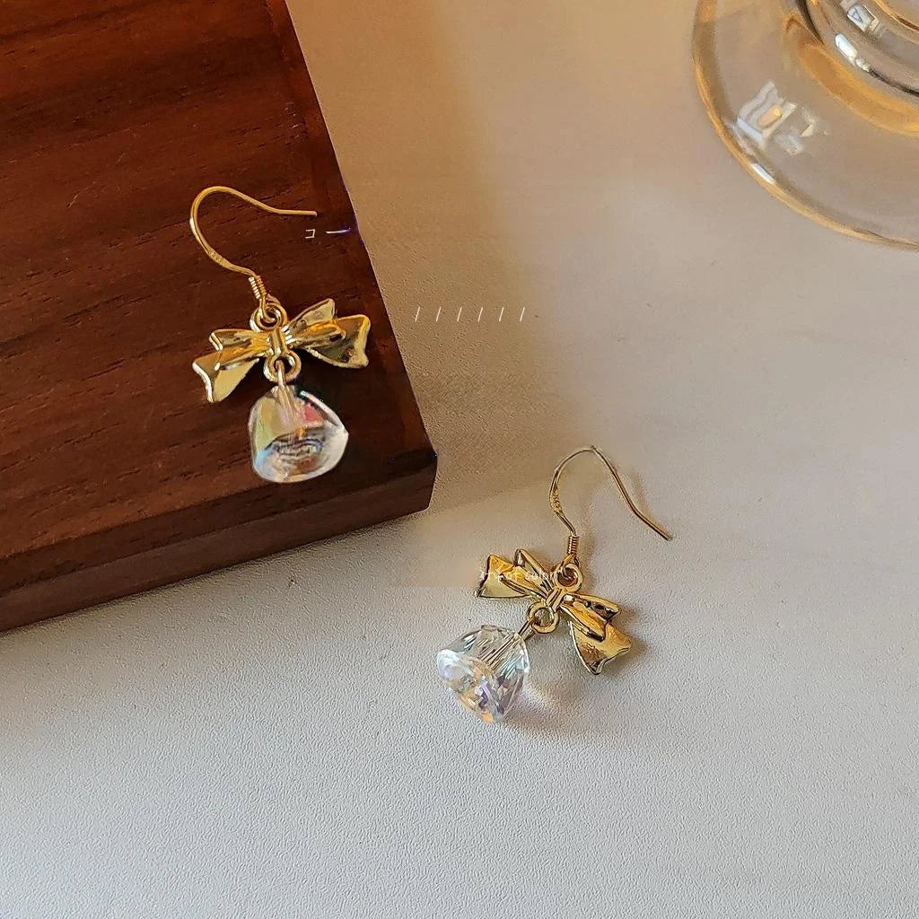 Vintage French Bow Drop Earrings Copper Glass Crystal Transparent Bell Princess Style