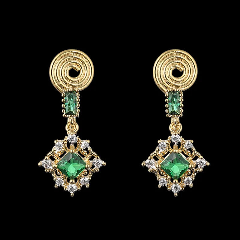 Luxury Green Zircon Spiral Disc Rhombus Drop Stud & Clip On No Piercing Rhinestone Earrings