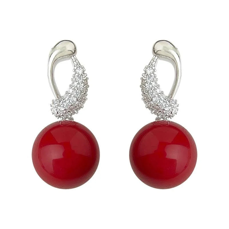 Vintage Red Glass Pearl Zircon Micro Pave Copper Drop Earrings With Silver Plated Posts
