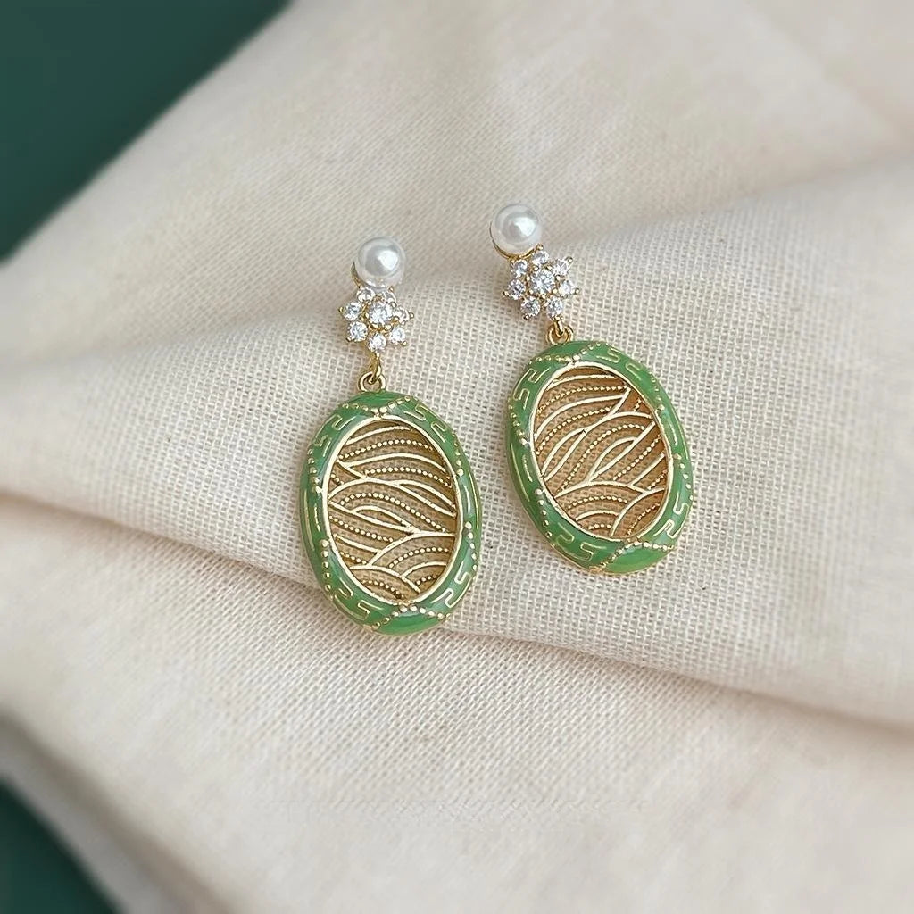 New Chinese Style Green Enamel Micro Pave Zircon Floral Copper Drop Earrings