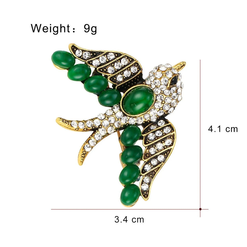 Elegant Chinese Style Swift Bird Brooch With Green Cabochon And Rhinestones, Alloy Lapel Pin Gift