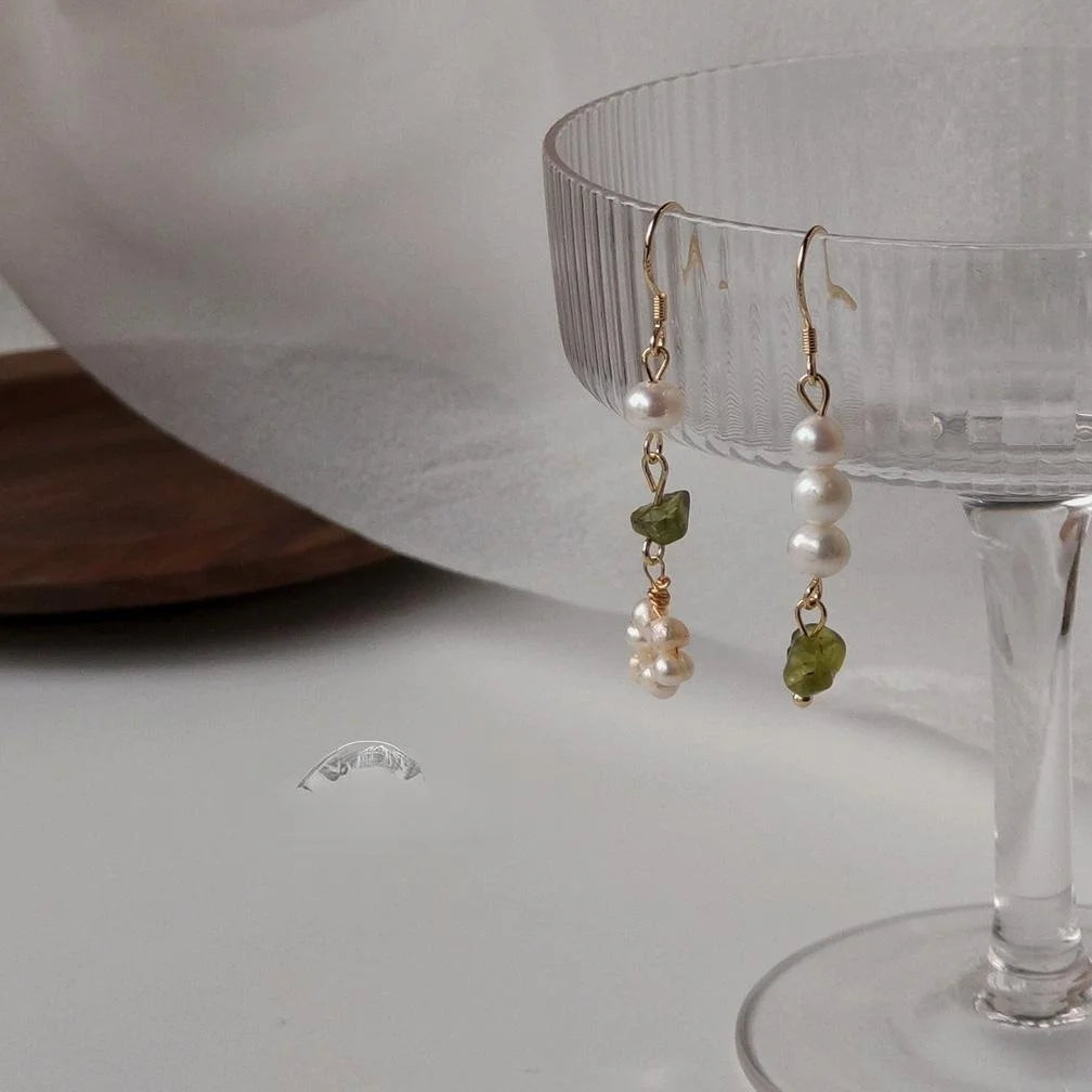 14K Plated Freshwater Pearl Geometric Tassel Drop Earrings French Vintage Handmade Jewelry