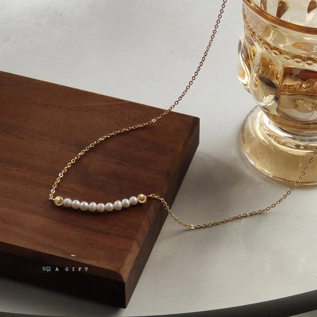 14K Gold Plated Freshwater Pearl Geometric Round Pendant Necklace For Women Korean Minimalist Style