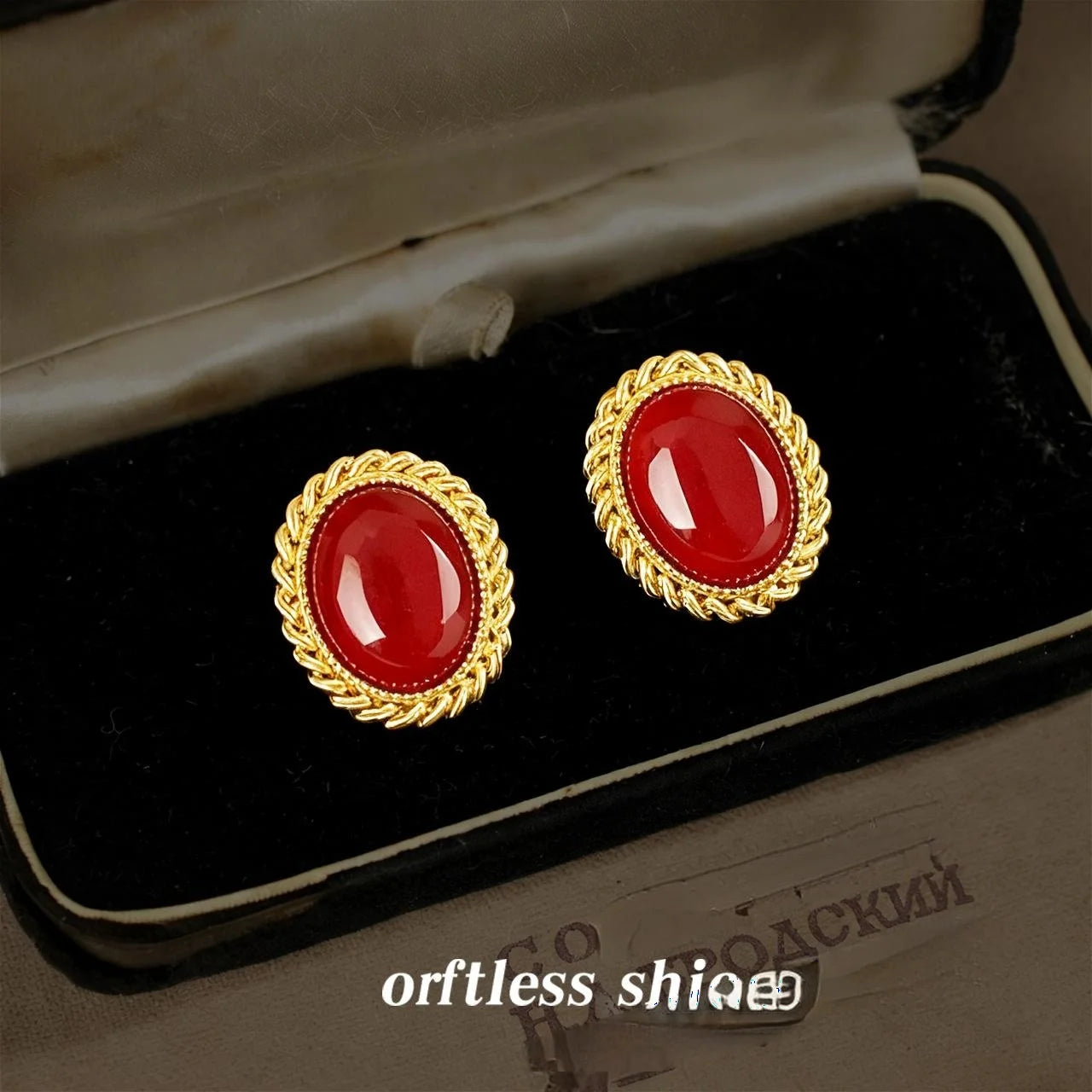 French Vintage 14K Plated Copper Oval Burgundy Geometric Stud Earrings Hong Kong Style For Women