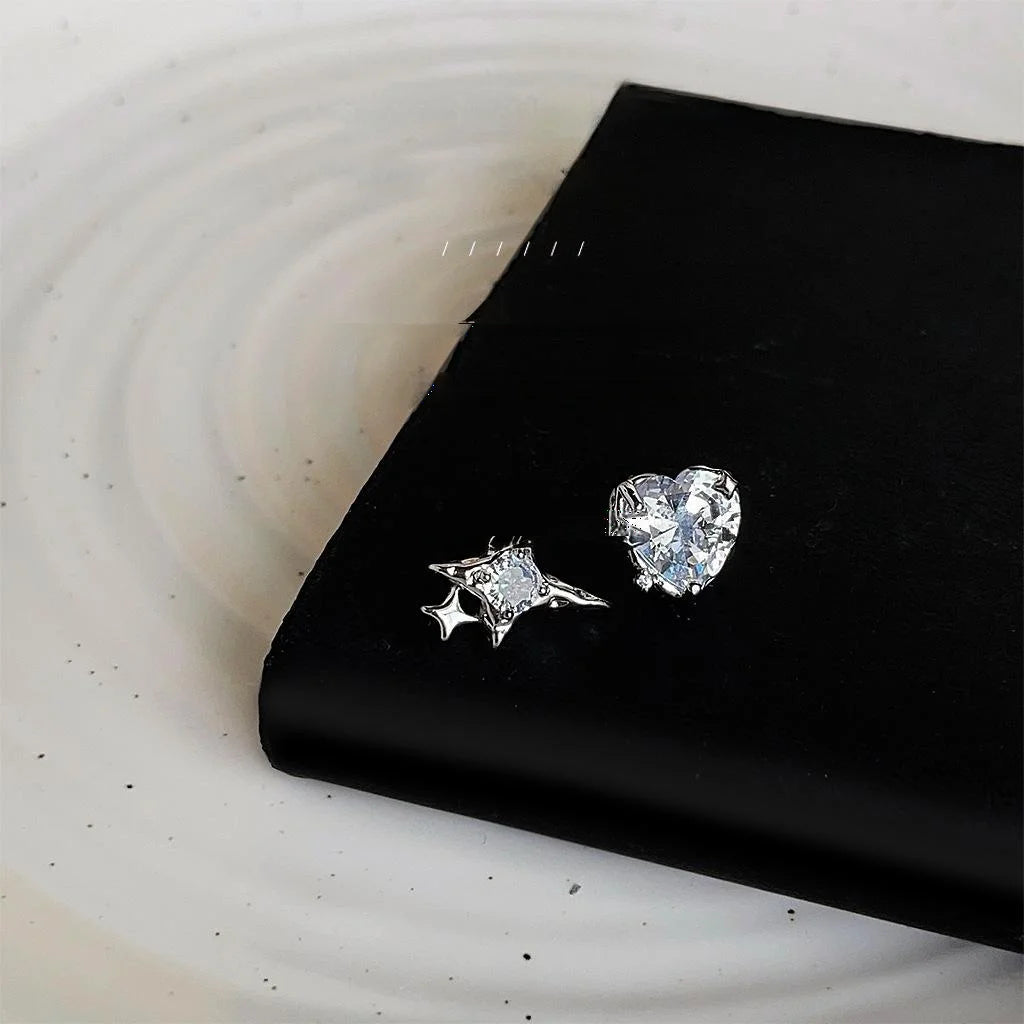 Sparkling Zircon Inlaid Asymmetric Star Heart Copper Stud Earrings Silver Plated Minimalist Jewelry