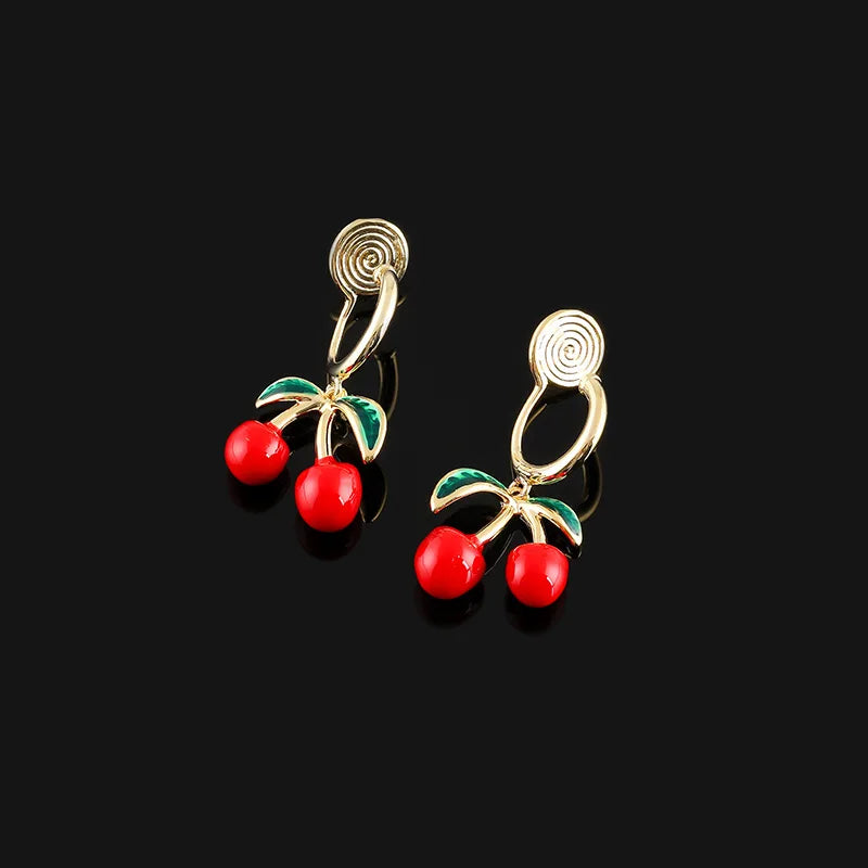 Sweet Red Cherry Enamel Alloy Dangle Stud & Clip On No Piercing Elegant Summer Fruit Earrings