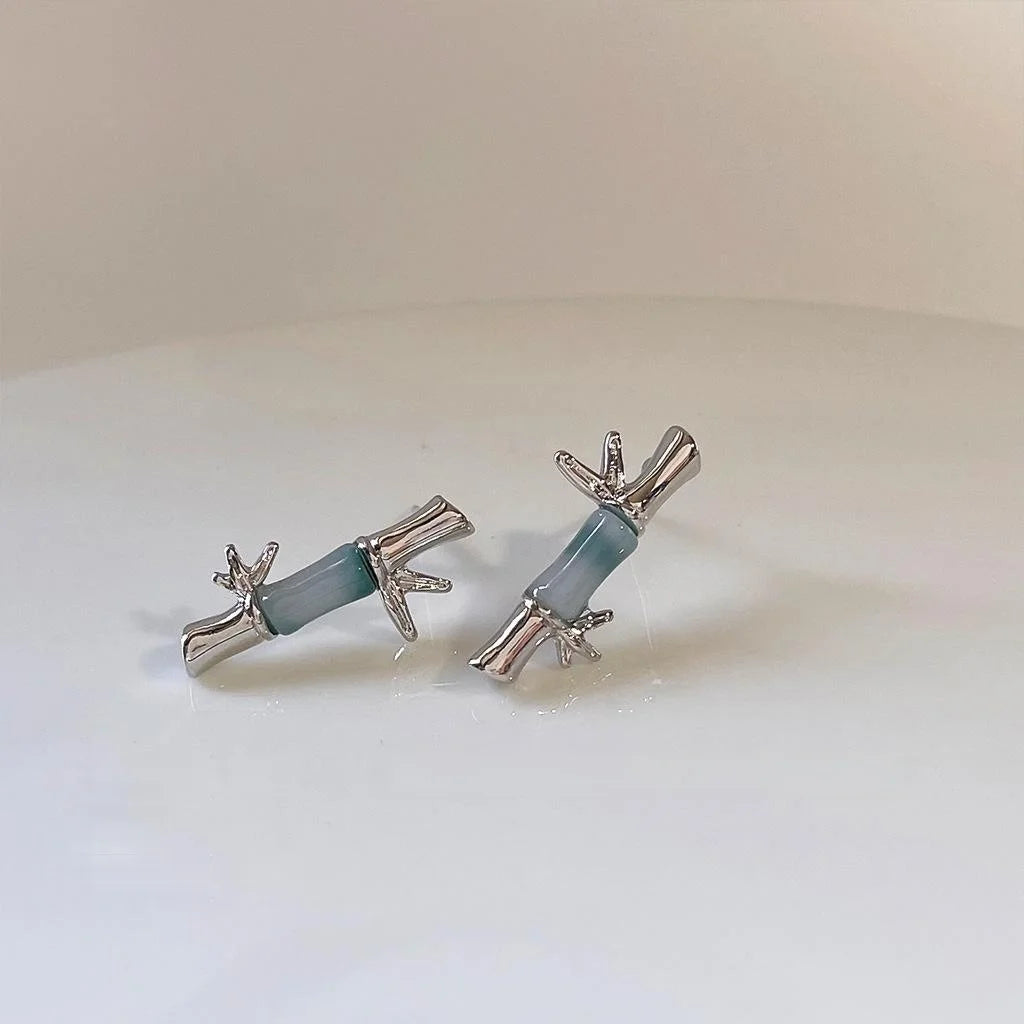 New Chinese Style Copper Bamboo Leaf Stud Earrings Minimalist Geometric Niche Design Jewelry