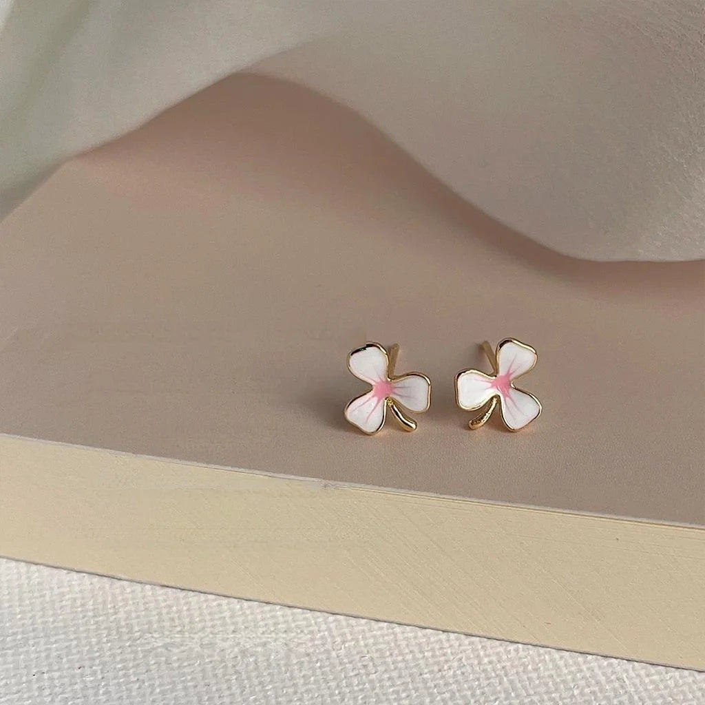 Sweet Enamel Flower Stud Earrings, Mini Copper Pink White Floral Earrings