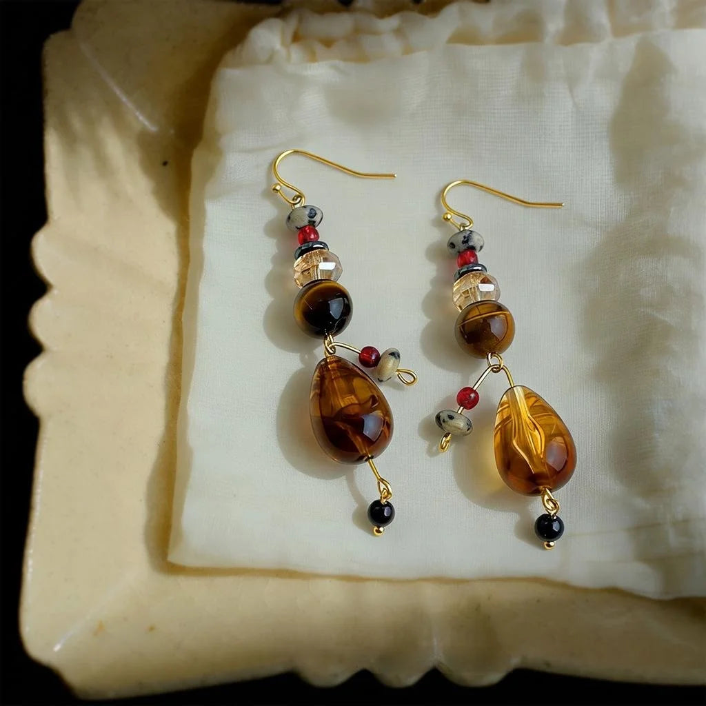 French Vintage Designer Tassel Drop Earrings With Teardrop Crystal Glass Tiger Eye And Onyx