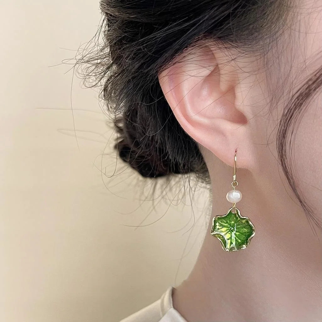 New Chinese 14K Gold Plated Copper Freshwater Pearl Lotus Leaf Enamel Drop Earrings