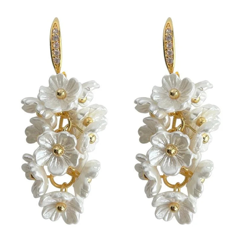 14K Gold Plated Copper Floral Tassel Drop Earrings With Micro Pave Zircon Sweet Handmade Jewelry