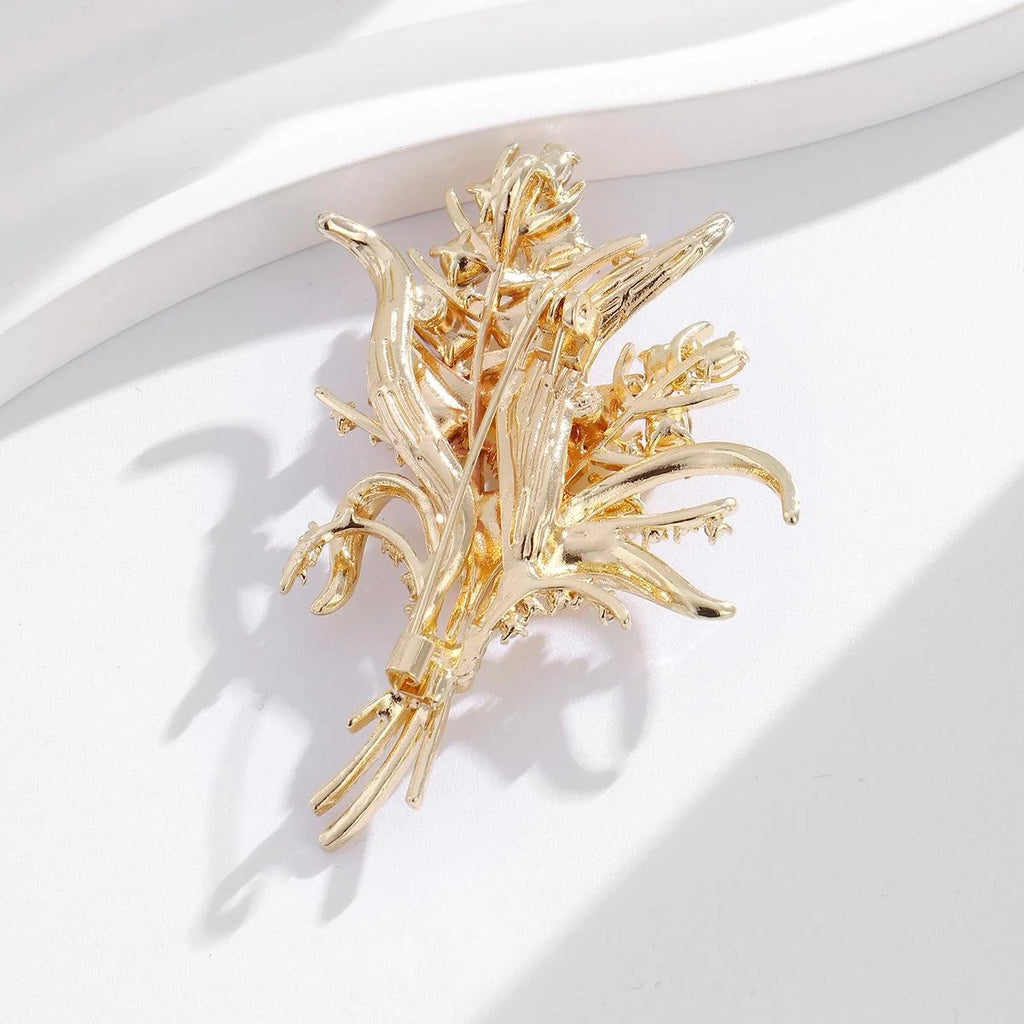 Luxury Wheat Bouquet Brooch With Yellow Rhinestones, Gold Alloy Elegant Lapel Pin Corsage Suit Accessory Gift