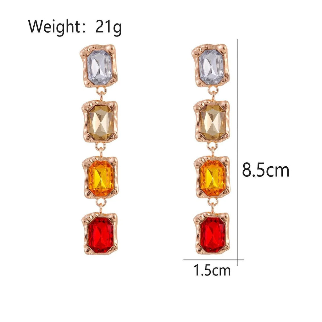 Elegant Four-Tier Rectangular Crystal Drop Earrings, Gold Alloy Rhinestone Dangle Jewelry For Wedding Party Gift