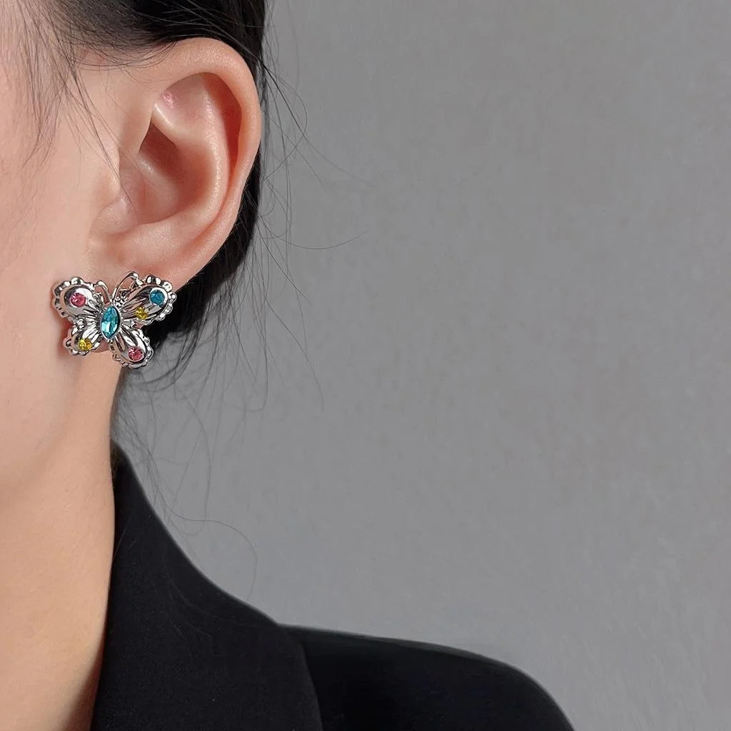 Sweet Cool Copper Butterfly Drop Earrings With Colorful Rhinestones, Niche Light Luxury Jewelry