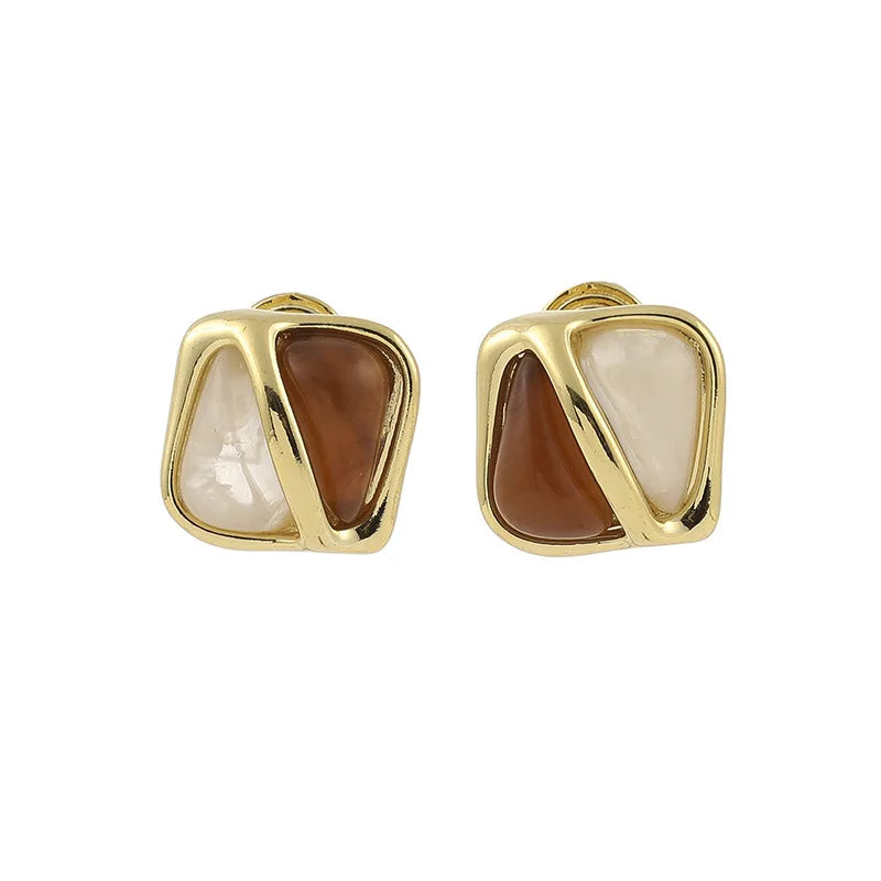 Elegant Geometric Square Alloy Enamel Maillard Stud & Clip On No Piercing Commuter Statement Earrings