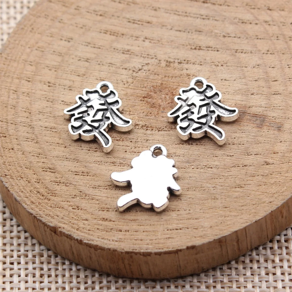 13x13mm 1.05g Antique Silver Zinc Alloy Chinese Fortune Character Charm Pendant for DIY Jewelry Making