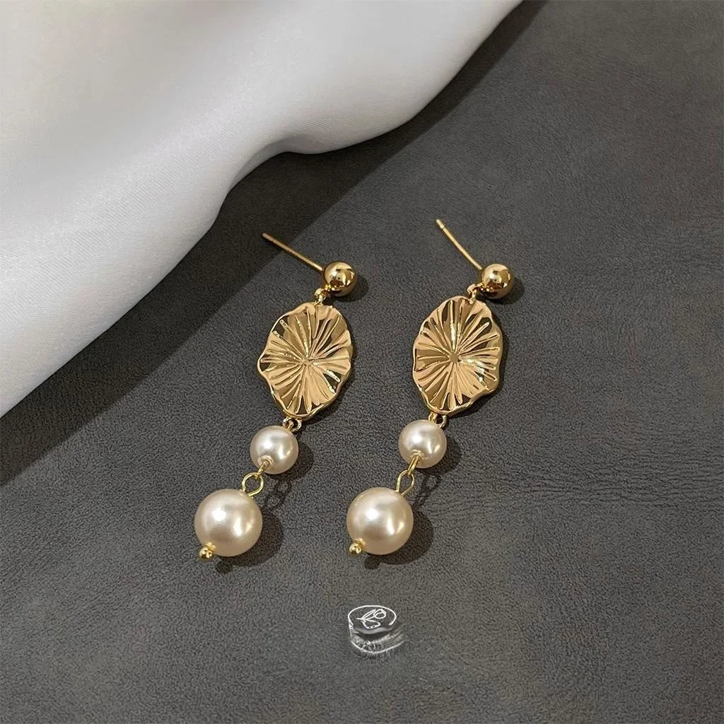 Handmade French Vintage Copper Glass Pearl Geometric Leaf Tassel Drop Earrings For Women