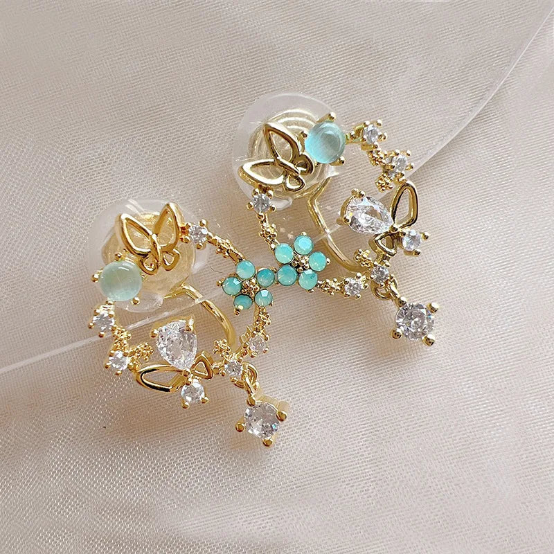Elegant Green Floral Wreath Butterfly Zircon Alloy Stud & Clip On No Piercing Dangle Earrings