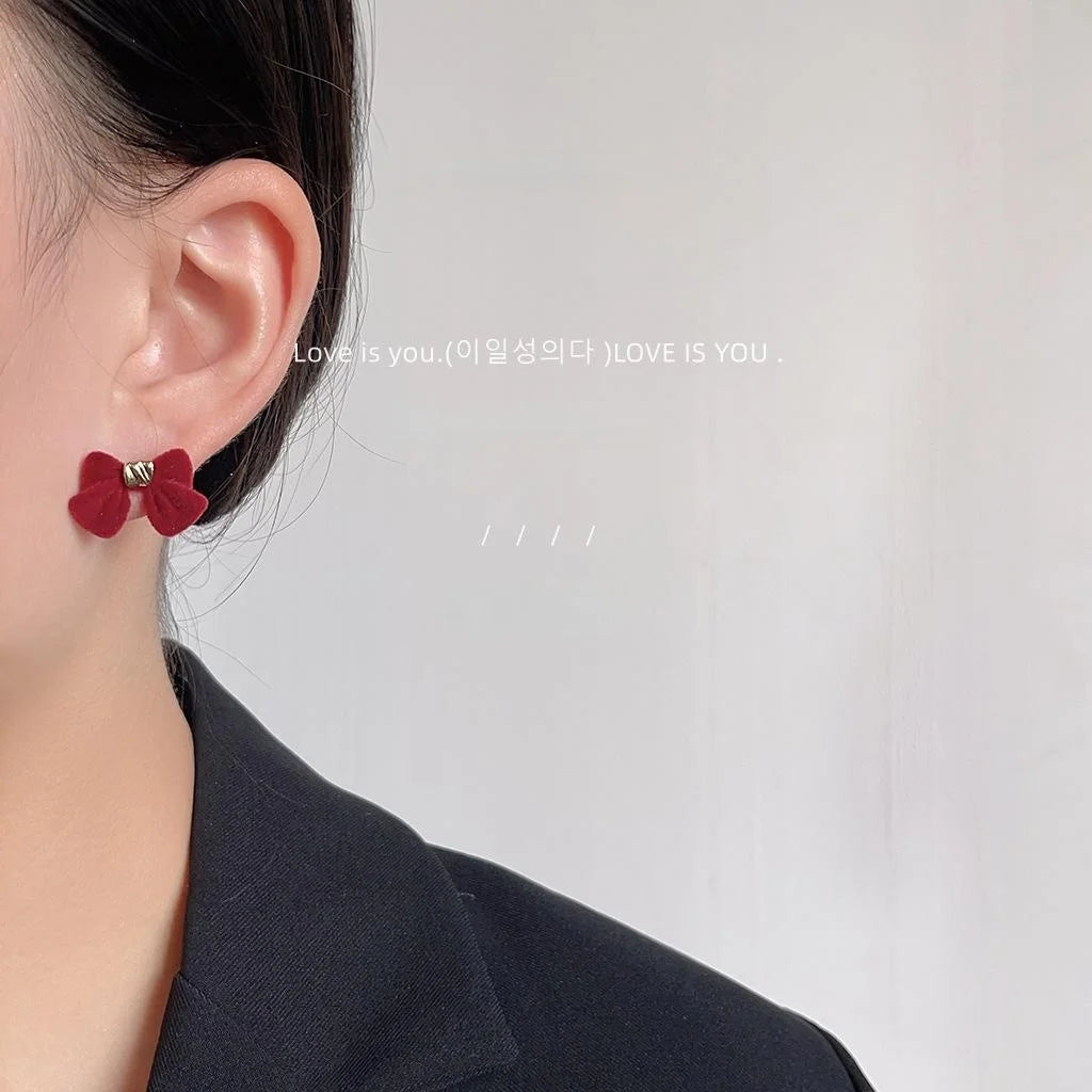 Winter Flocked Bow Stud Earrings Korean Japanese Sweet Cute Silver Plated Metal Jewelry