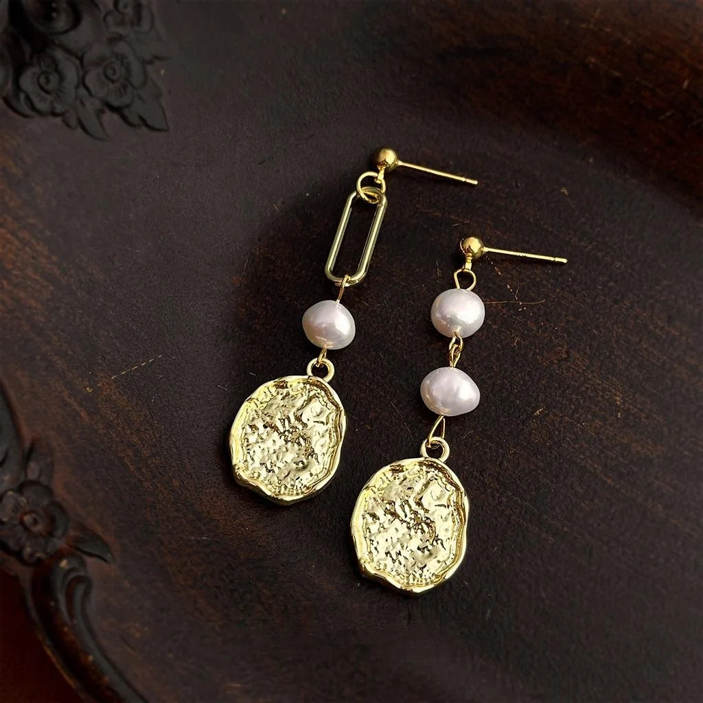 14K Gold Plated Freshwater Pearl Asymmetric Drop Earrings Handmade Geometric Vacation Style