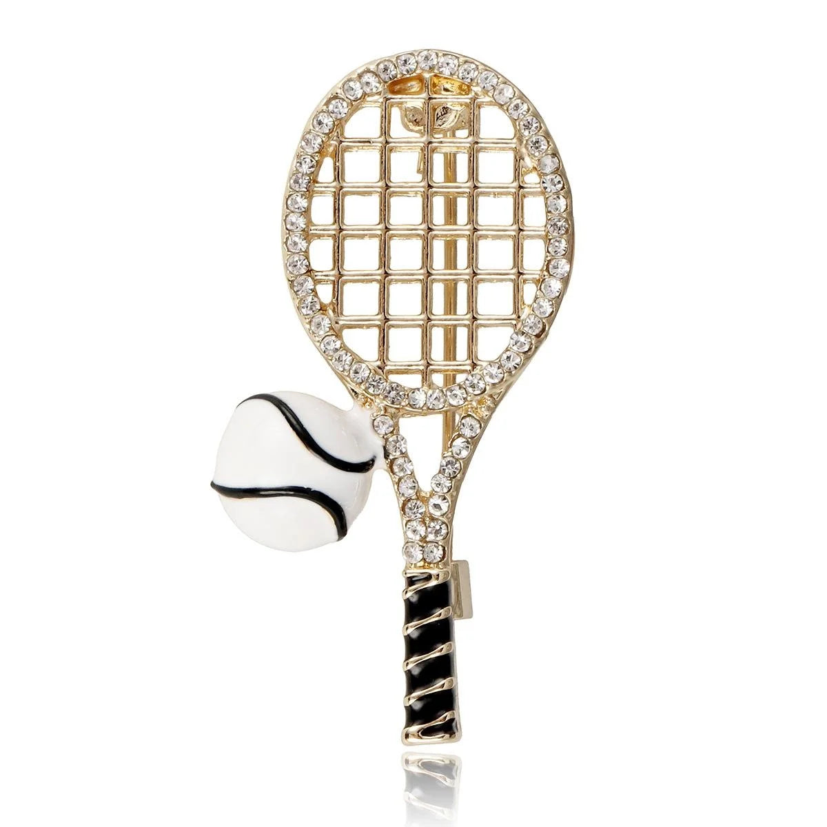 Elegant Rhinestone Enamel Tennis Racket And Ball Brooch, Gold Alloy Sports Lapel Pin Gift For Women