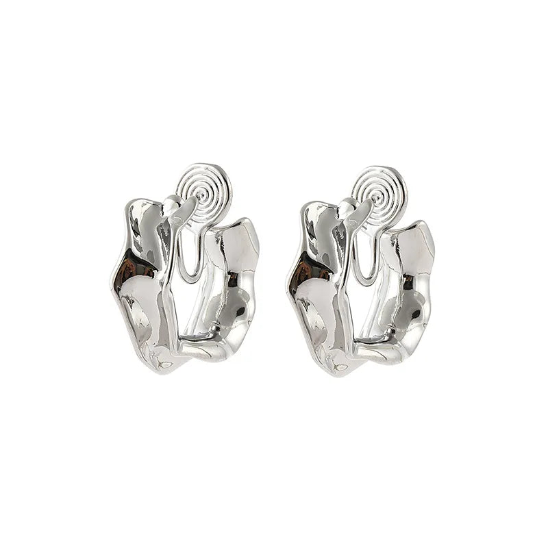 Irregular Crumpled Silver Alloy Hoop With Spiral Disc Stud & Clip On No Piercing Earrings