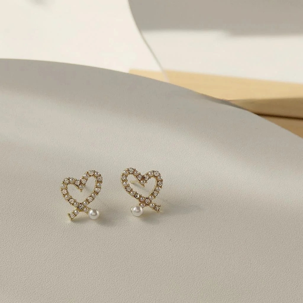 Korean Style 14K Gold Plated Heart Pearl Rhinestone Drop Earrings
