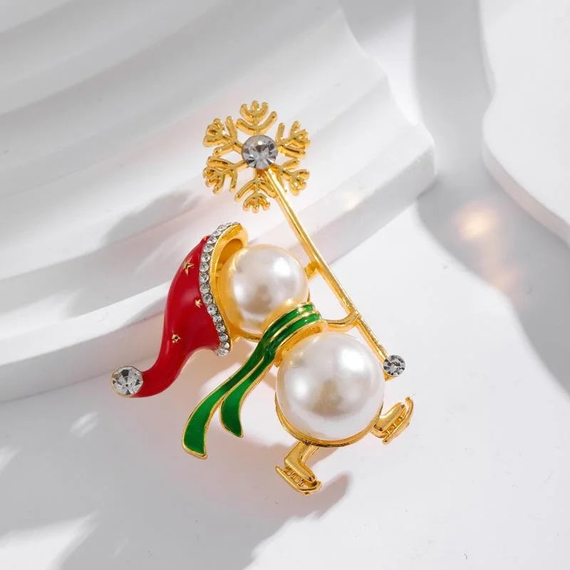 Cute Christmas Snowman Magic Wand Brooch, Enamel Rhinestone Faux Pearl Alloy Lapel Pin Corsage Gift