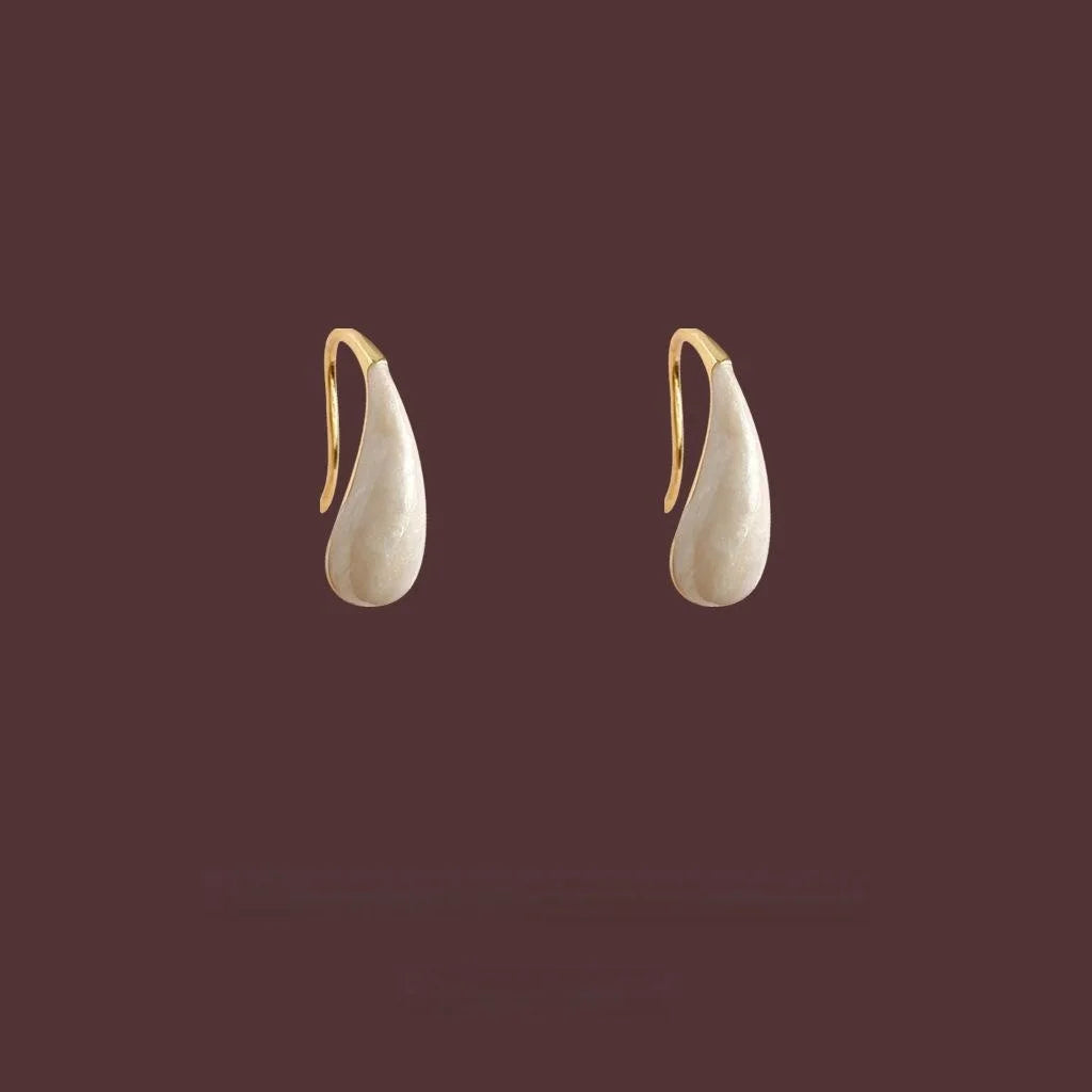 Cream White Teardrop Enamel Stud Earrings Eco Copper Minimalist French Light Luxury Jewelry