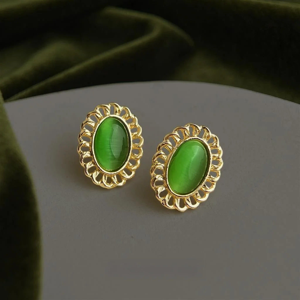 French Vintage Oval Glass Cat Eye Stone Stud Earrings Eco Copper Hollow Lace Edge Jewelry