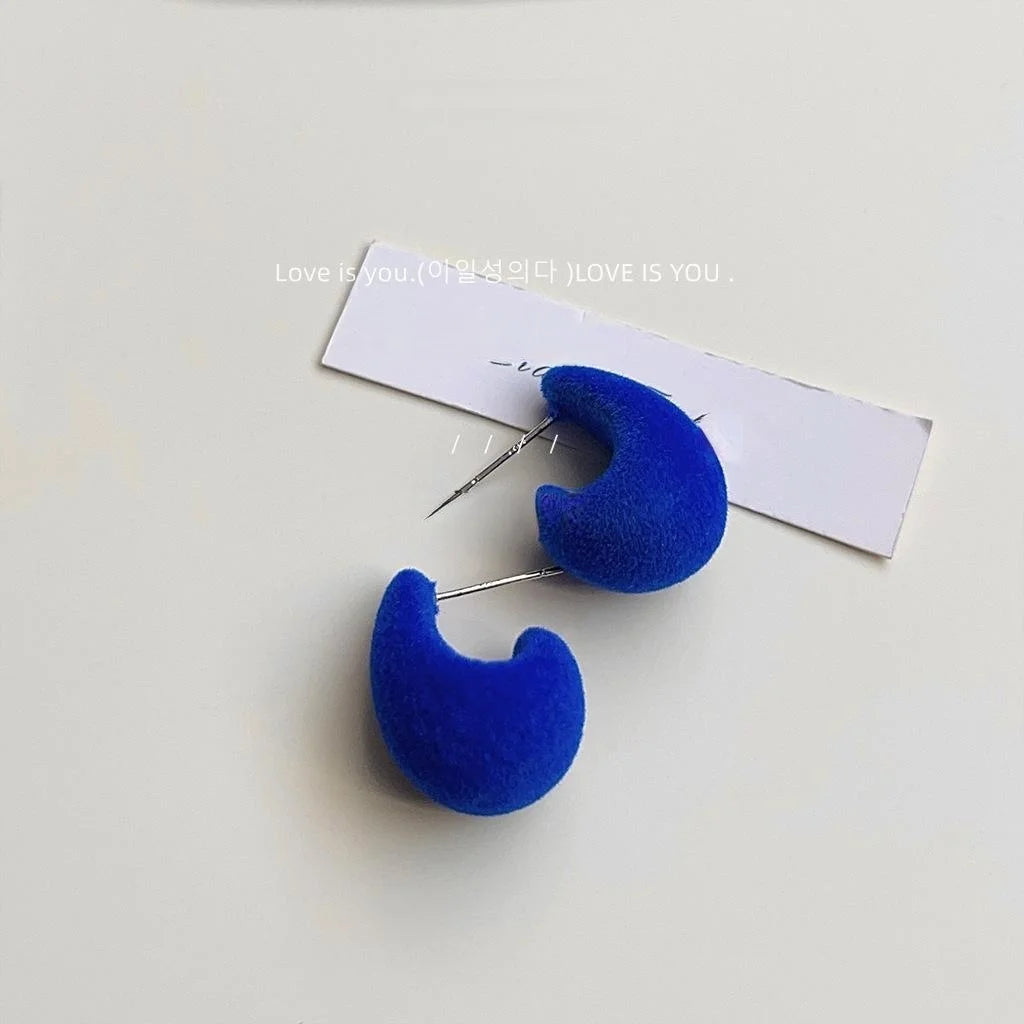 Vintage Royal Blue Flocked Teardrop Drop Earrings, Furry Winter Geometric Hoop Jewelry For Women