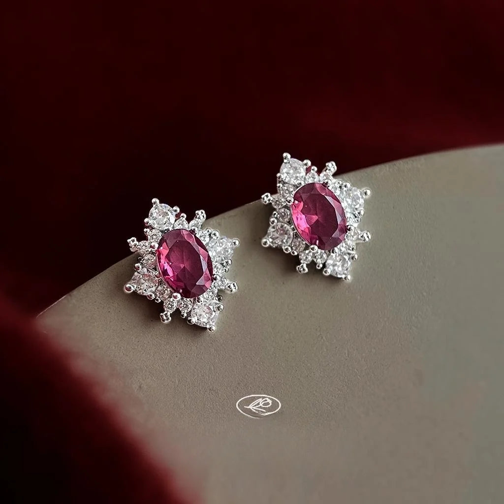 French Elegant Rose Red Zircon Geometric Copper Stud Earrings Hong Kong Style