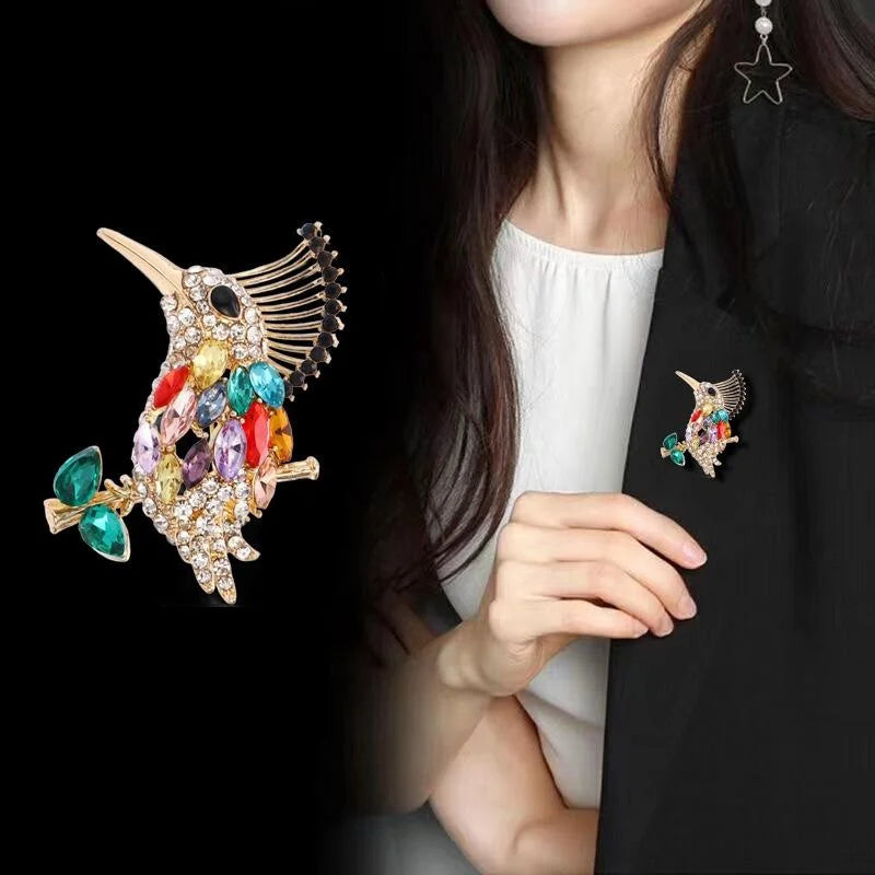 Luxury Colorful Rhinestone Bird Brooch On Gold Alloy Branch, Elegant Animal Lapel Pin Suit Accessory Gift