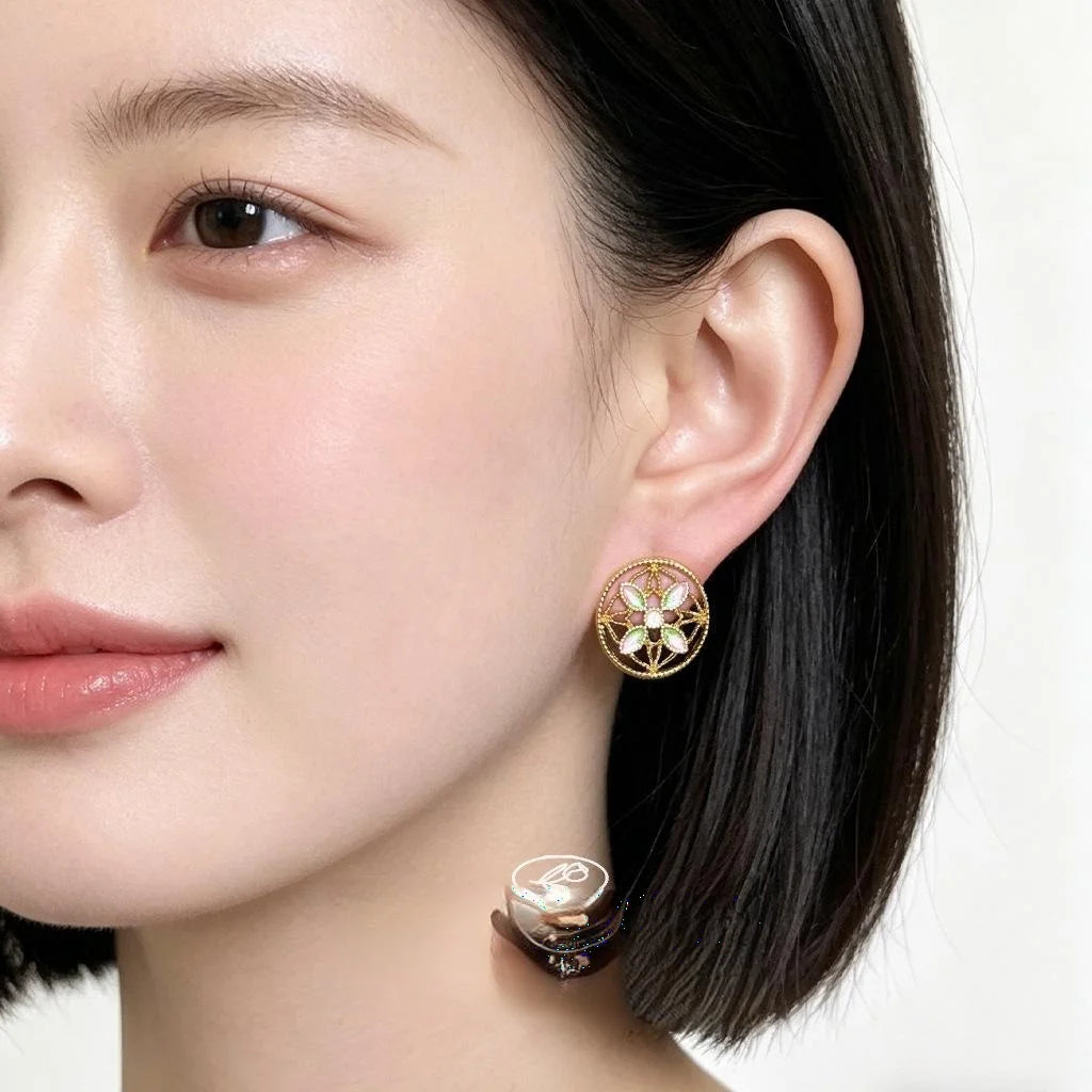 Original Chinese Style Enamel Painted Lotus Copper Stud Earrings With Silver Plated Pins