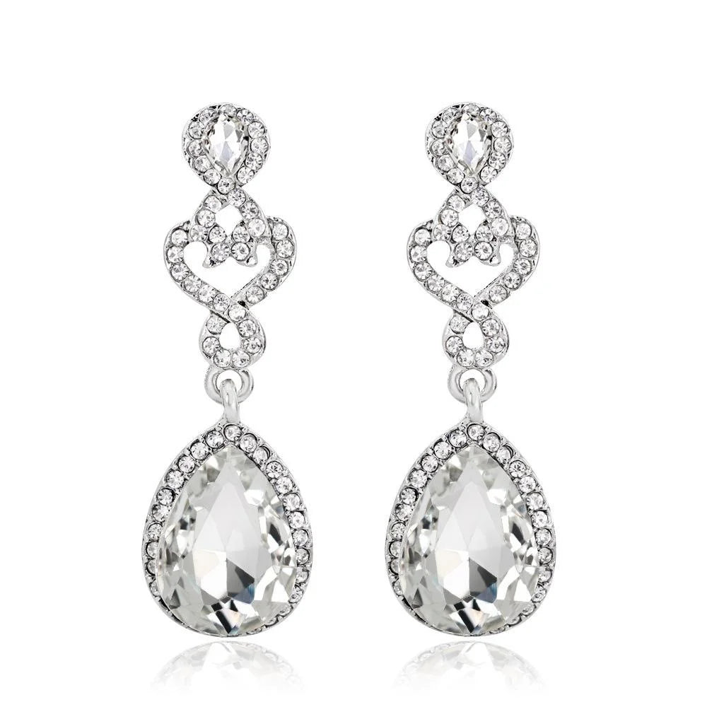 Vintage Crystal Glass Teardrop Dangle Earrings With Rhinestone Heart Charm For Bridal Wedding Party