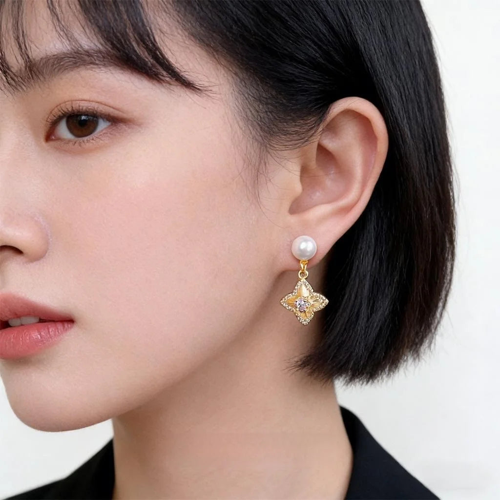 Premium Copper Micro Pave Zircon Glass Pearl Star Geometric Drop Earrings For Women
