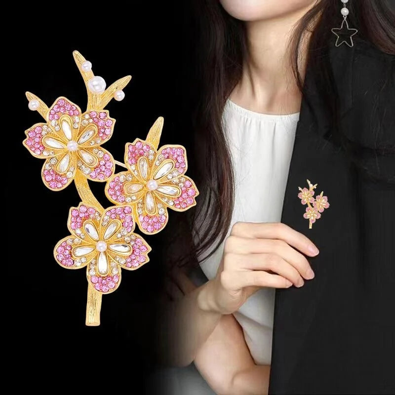 Elegant Gold Alloy Floral Brooch With Pink Rhinestones And Faux Pearls, Luxury Lapel Pin Corsage Gift