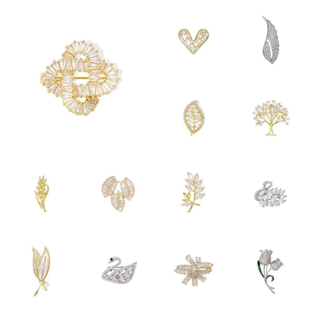 Elegant Zircon Swan Leaf Rose Money Tree Brooch, Luxury Alloy Lapel Pin Corsage Suit Accessory Gift