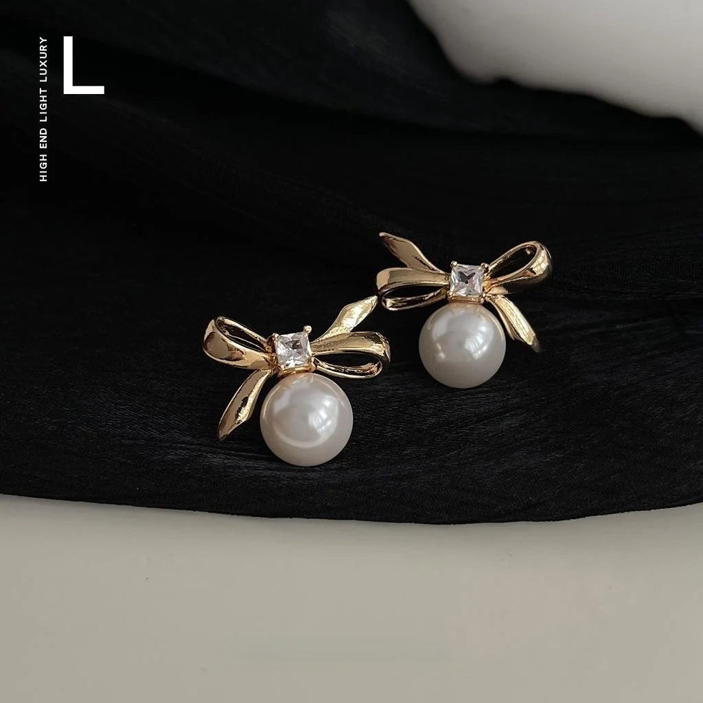 14K Gold Plated Copper Bow Stud Earrings With Glass Pearl And Micro Pave Zircon, Simple Jewelry