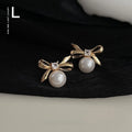 14K Gold Plated Copper Bow Stud Earrings With Glass Pearl And Micro Pave Zircon, Simple Jewelry