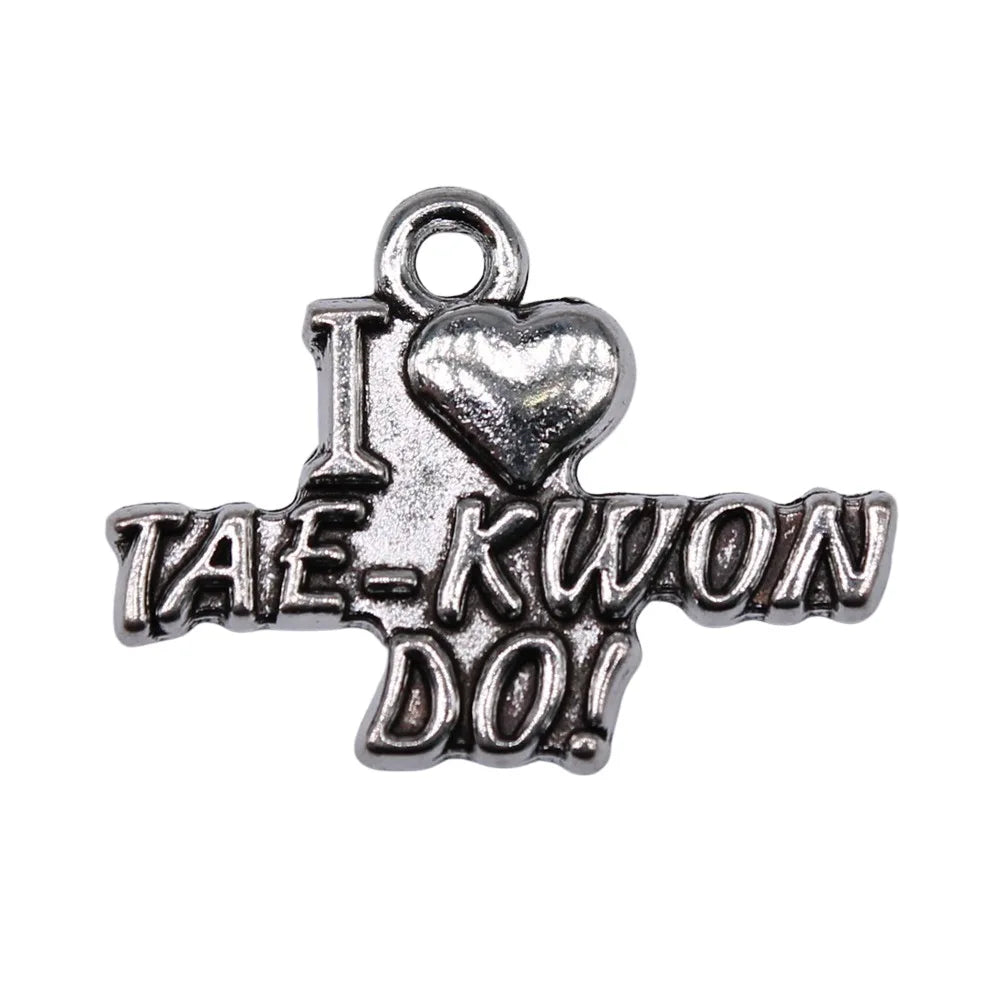 22x17mm 1.38g Antique Silver Zinc Alloy I Love Taekwondo Charm Pendant for DIY Sports Jewelry