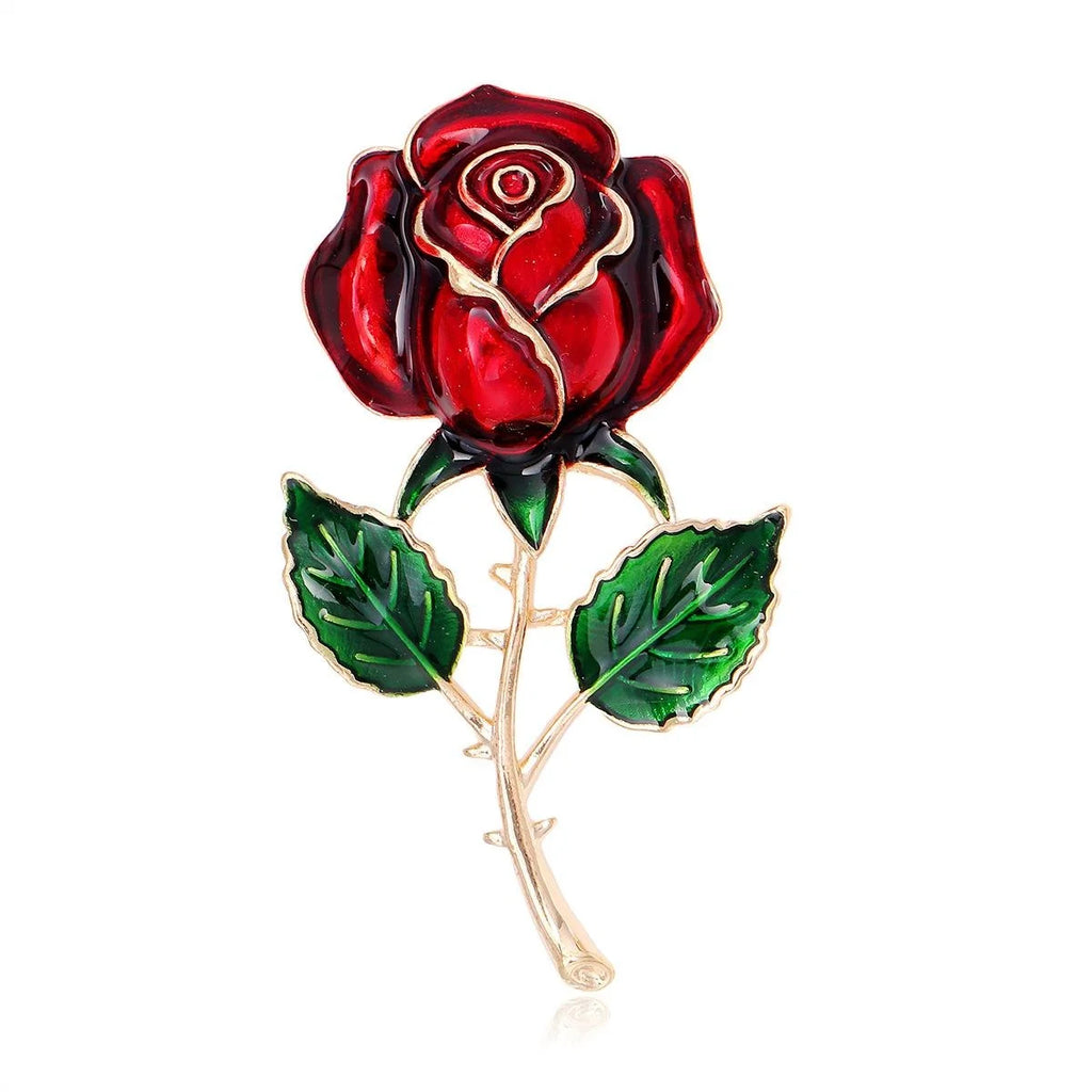 Elegant Red Enamel Rose Flower Brooch With Gold Tone Alloy Stem And Green Leaves Lapel Pin Gift