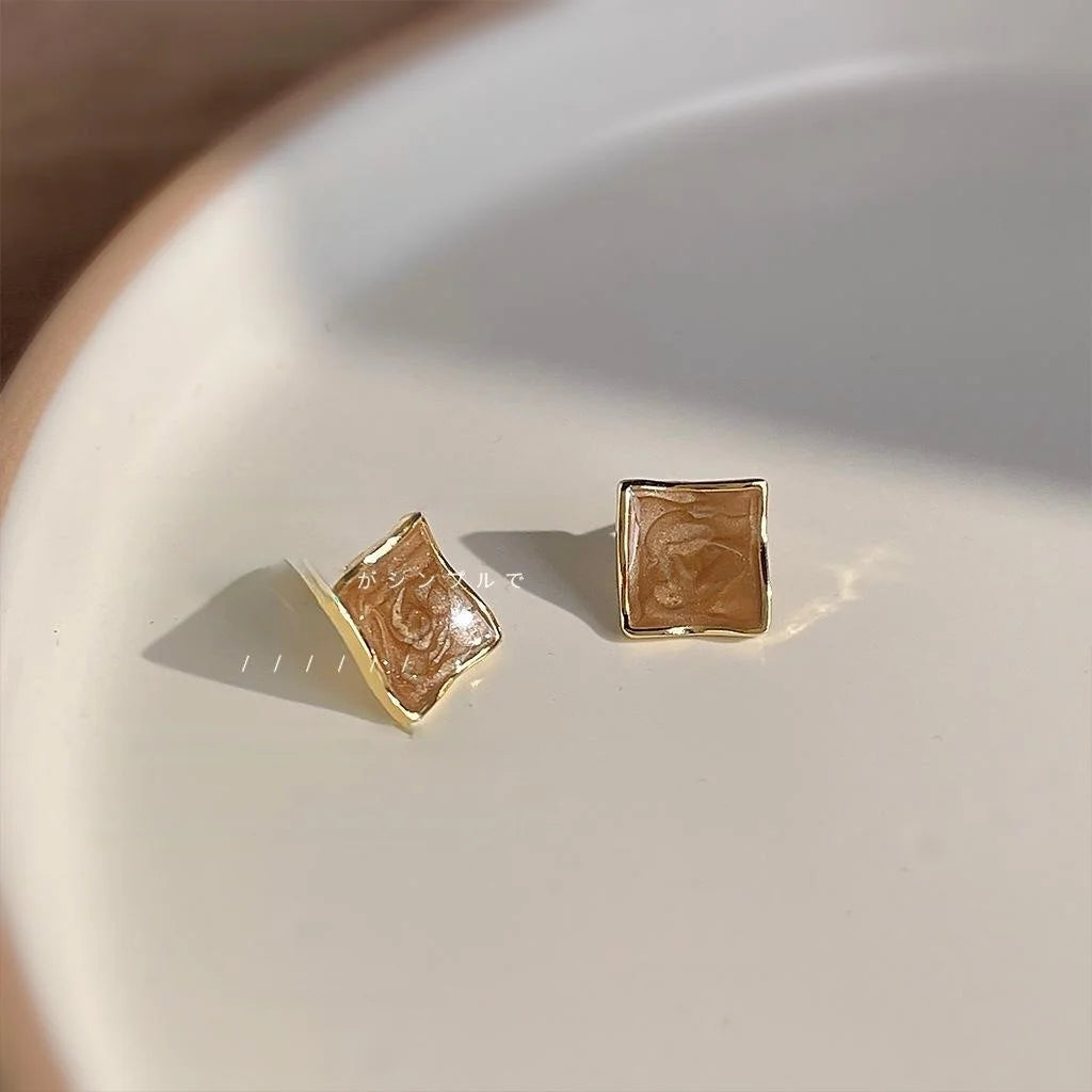 Caramel Coffee 14K Plated Copper Geometric Square Irregular Enamel Stud Earrings For Women