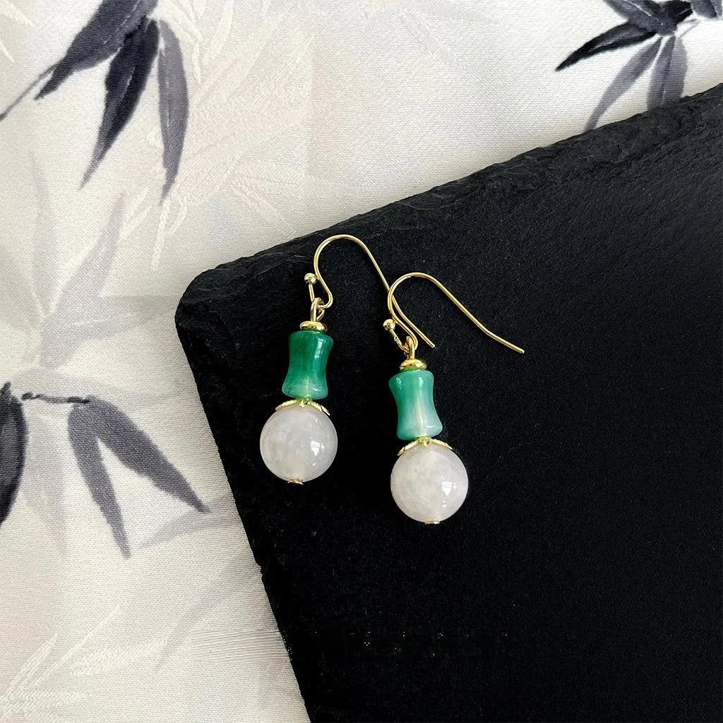 New Chinese Style Bamboo Segment Natural Stone Resin Round Geometric Drop Earrings
