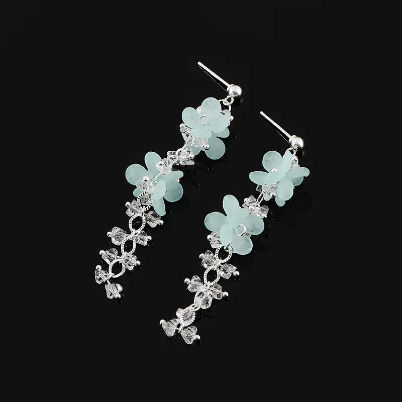 Elegant Blue Flower Crystal Vine Long Tassel Alloy Stud & Clip On No Piercing Sweet Earrings